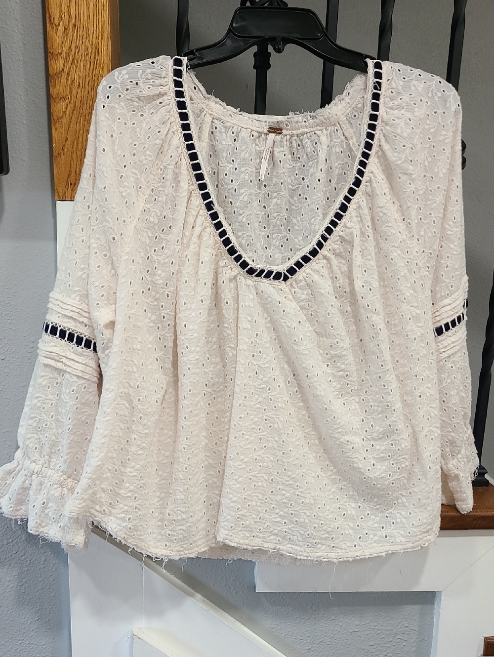 Free People Cream Eyelet Peasant Top with Navy Trim